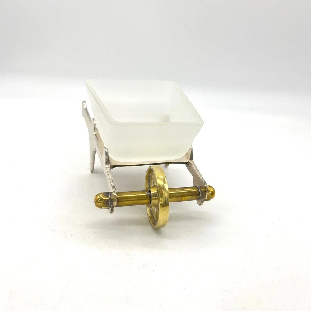 Vintage Frosted Glass & Mixed Metal Miniature Wheelbarrow Trinket Dish Decor‎